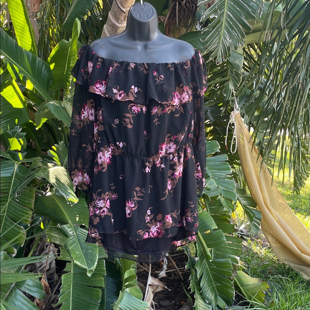 Lane Bryant off the shoulder, ruffle dark floral blouse